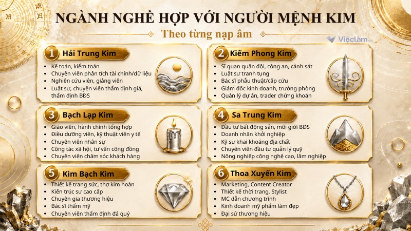 Danh sách ngành nghề phù hợp với người mệnh Kim theo từng nạp âm