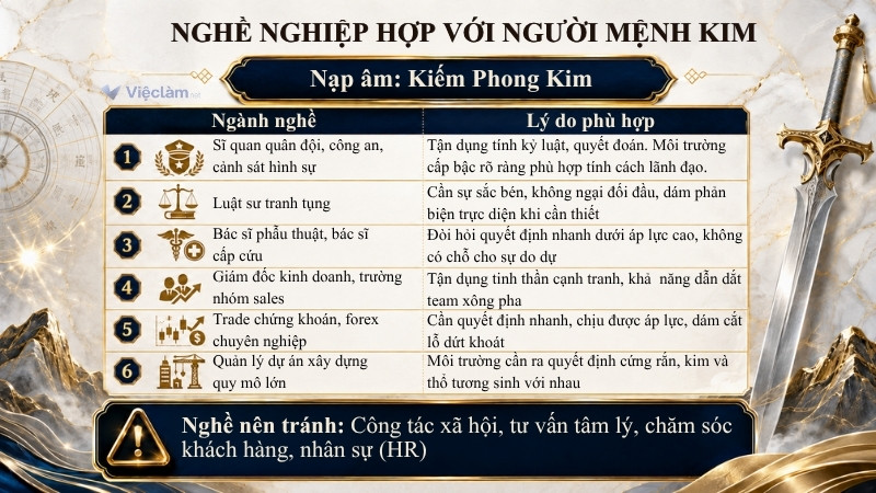 Ngành nghề phù hợp và nên tránh với người mang nạp âm Kiếm Phong Kim