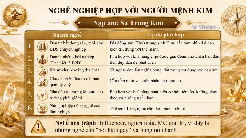 Ngành nghề phù hợp và nên tránh với người mang nạp âm Sa Trung Kim