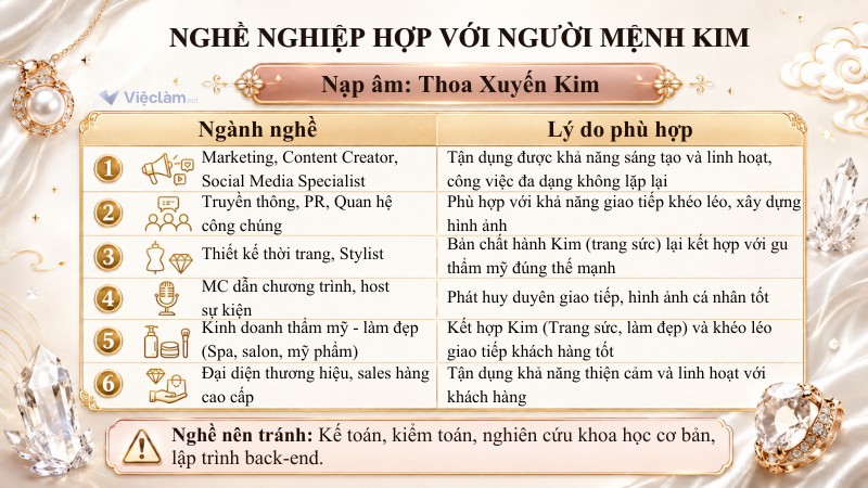 Ngành nghề phù hợp và nên tránh với người mang nạp âm Thoa Xuyến Kim