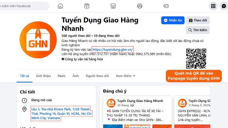 Giao diện trang tuyển dụng trên Facebook của Giao Hàng Nhanh (Nguồn: Fanpage tuyển dụng GHN)