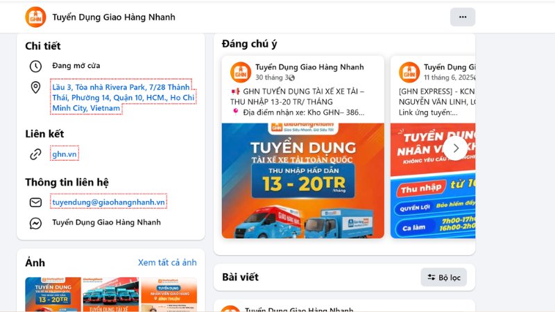 Giao diện các tin tuyển dụng có trên Fanpage tuyển dụng của Giao Hàng Nhanh (Nguồn: Fanpage tuyển dụng GHN)