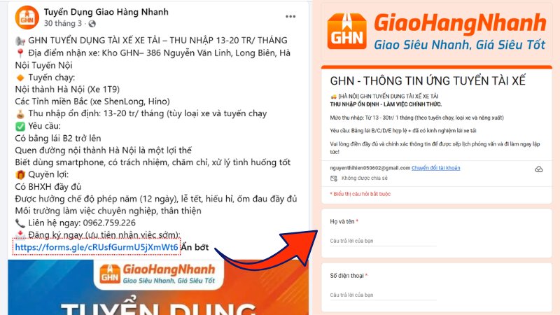 Vị trí form ứng tuyển và mẫu thông tin cần điền trong form đăng ký làm shipper tại GHN ((Nguồn: Fanpage tuyển dụng GHN))