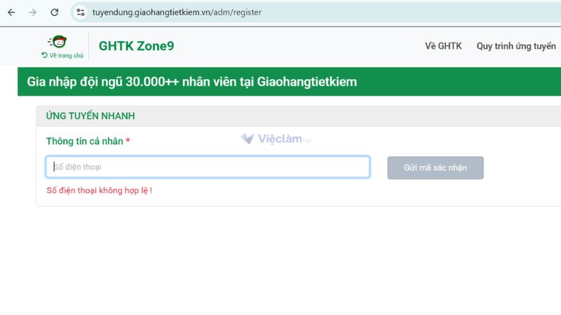 Giao diện của mục ứng tuyển trong trang web Giao hàng Tiết kiệm