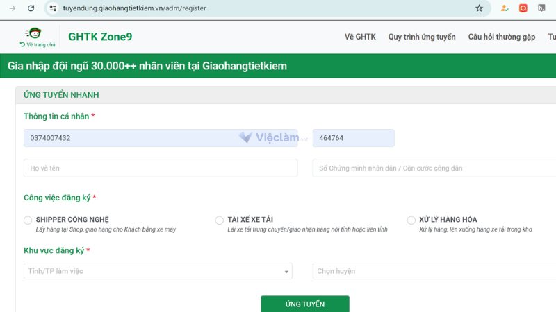 Những thông tin cần điền khi đăng ký làm shipper GHTK