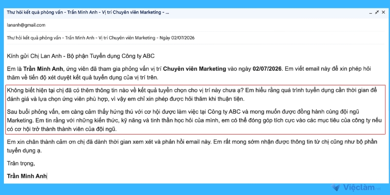 Cách viết phần nội dung email hỏi kết quả phỏng vấn