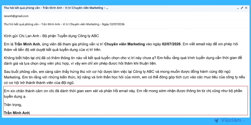 Cách viết phần kết email hỏi kết quả phỏng vấn