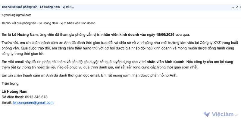 Mẫu Email hỏi kết quả phỏng vấn thông thường