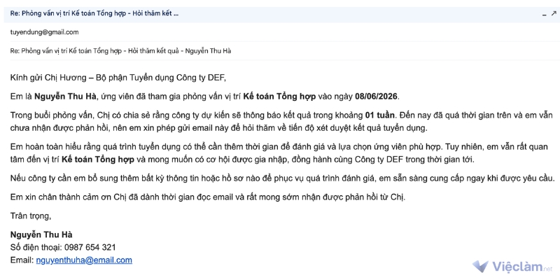 Mẫu Email hỏi kết quả khi đã quá thời hạn nhà tuyển dụng hứa phản hồi