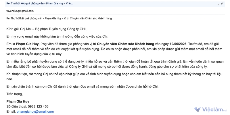 Mẫu Email gửi hỏi kết quả lần hai khi lần đầu không có phản hồi