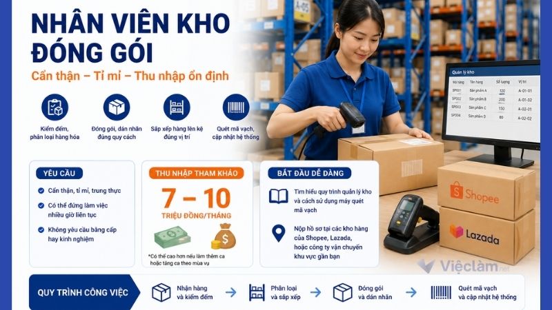 Công việc nhân viên kho/ đóng gói không cần bằng cấp