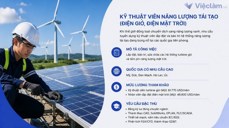 Công việc Kỹ thuật viên năng lượng tái tạo có cơ hội làm việc ở nước ngoài