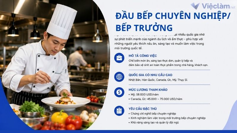 Công việc Đầu bếp chuyên nghiệp có cơ hội làm việc ở nước ngoài