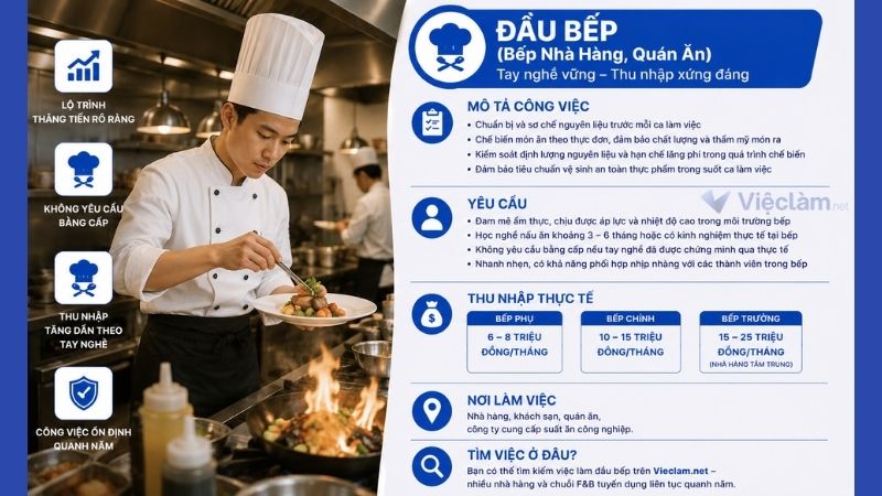 Công việc đầu bếp không cần bằng cấp có mức lương 10 triệu/ tháng