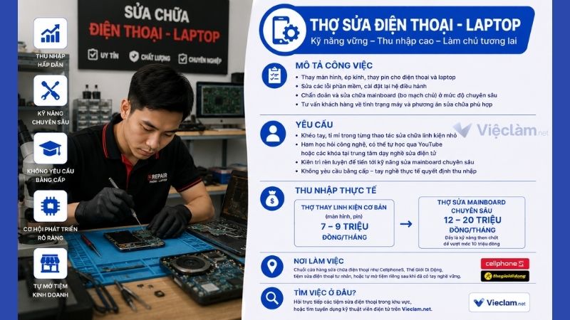 Công việc thợ sửa điện thoại không cần bằng cấp có mức lương 10 triệu/ tháng