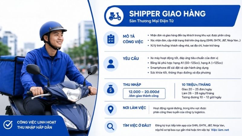 Công việc shipper giao hàng không cần bằng cấp có mức lương 10 triệu/ tháng