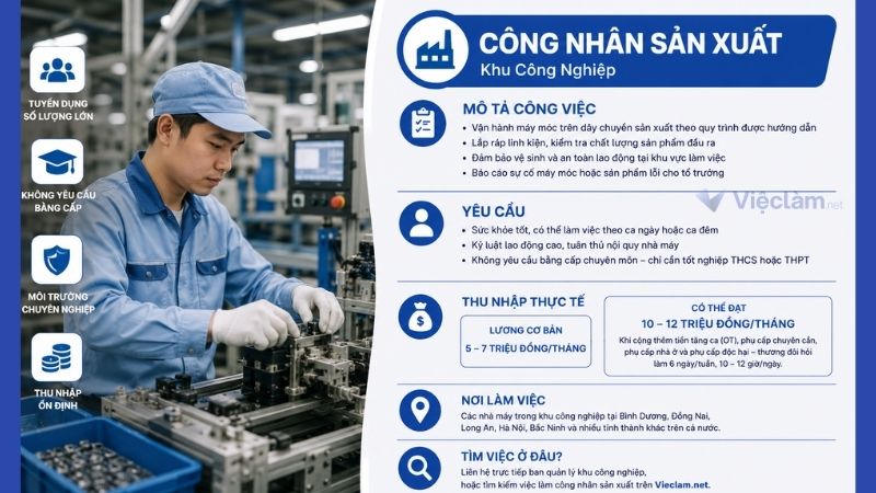Công việc công nhân sản xuất không cần bằng cấp có mức lương 10 triệu/ tháng