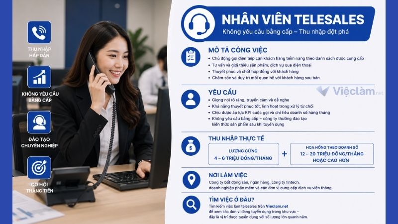 Công việc nhân viên telesales không cần bằng cấp có mức lương 10 triệu/ tháng