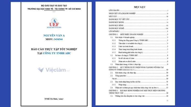 Bìa và mục lục của báo cáo thực tập
