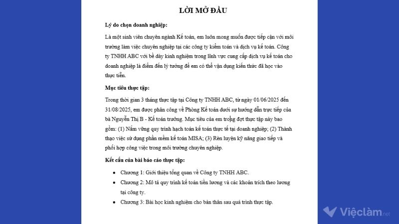 Ví dụ lời mở đầu trong báo cáo thực tập 