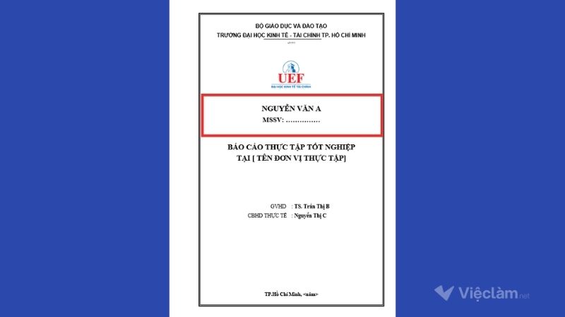 Thông tin sinh viên trong bìa báo cáo thực tập 
