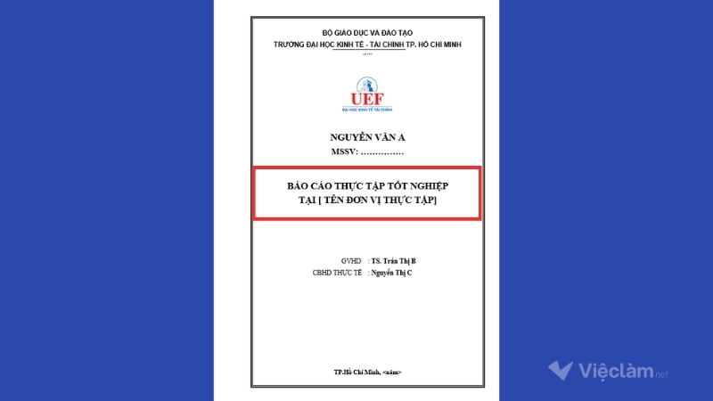 Tên loại tài liệu trong bìa báo cáo thực tập 