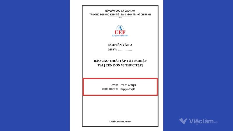Thông tin cán bộ hướng dẫn thực tế tại doanh nghiệp và giảng viên hướng dẫn trong bìa báo cáo thực tập 