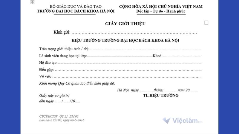 Mẫu giấy giới thiệu Đại học Bách khoa Hà nội