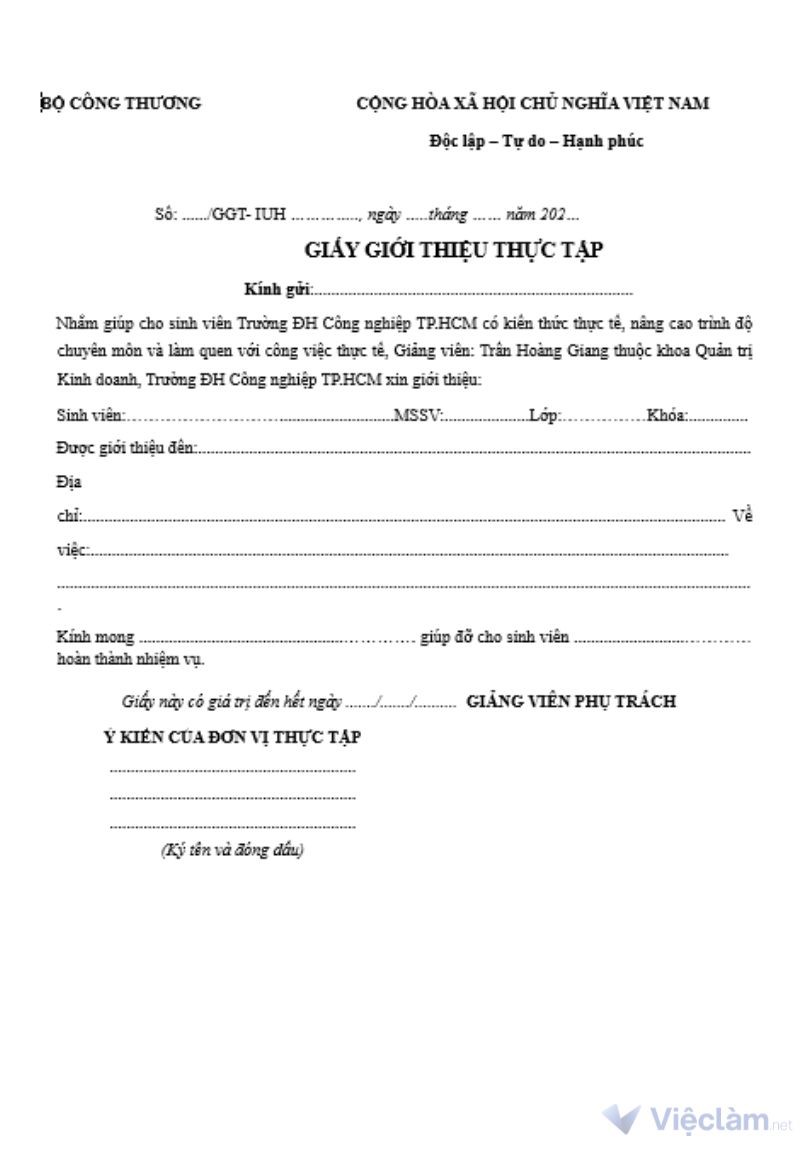 Mẫu giấy giới thiệu Đại học Công nghiệp TP.HCM