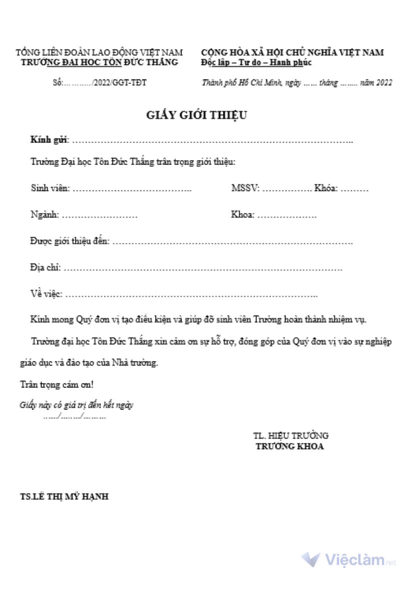 Mẫu giấy giới thiệu trường Đại học Tôn Đức Thắng