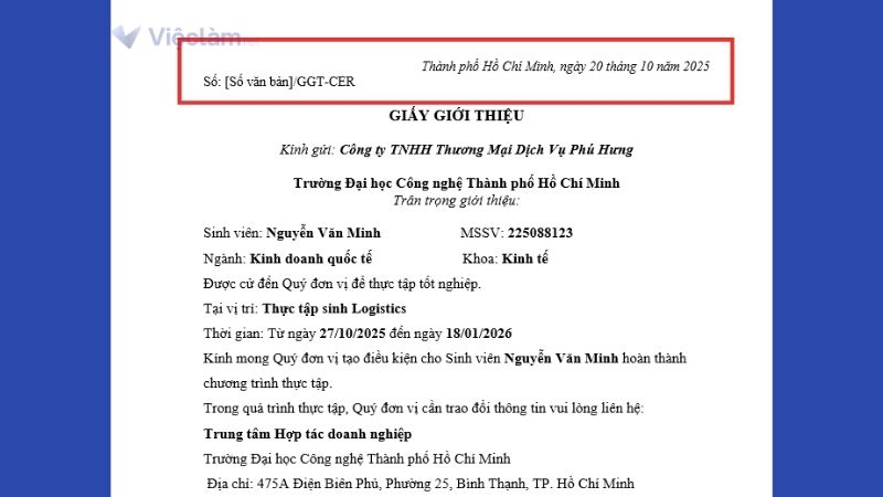 Số văn bản và Địa điểm, Thời gian ban hành của giấy giới thiệu thực tập