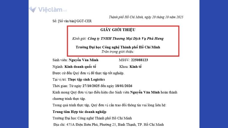 Tiêu đề của giấy giới thiệu thực tập
