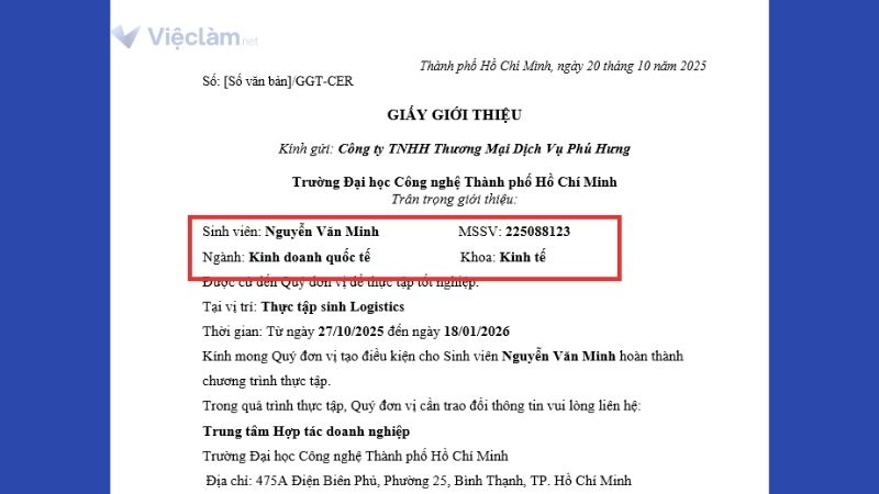 Thông tin sinh viên trong giấy giới thiệu thực tập