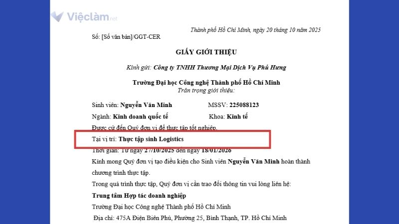 Vị trí hoặc bộ phận thực tập trong giấy giới thiệu thực tập