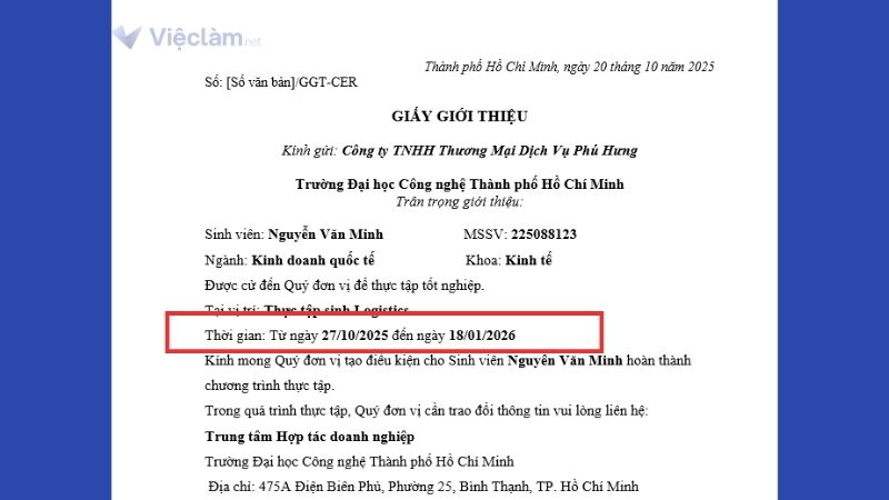 Thời gian thực tập trong giấy giới thiệu thực tập