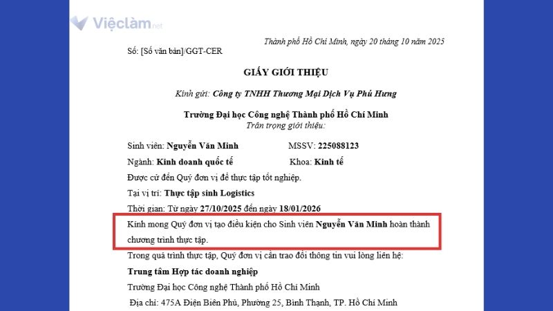 Lời đề nghị thực tập trong giấy giới thiệu thực tập