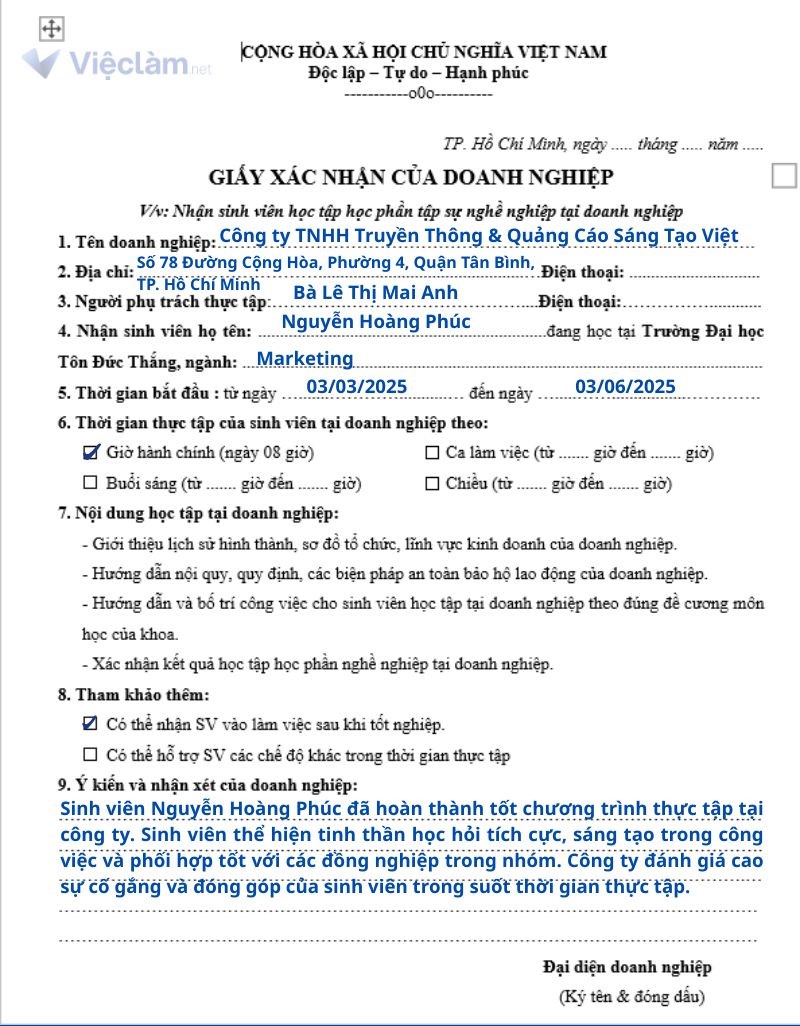 Mẫu giấy xác nhận thực tập số 2