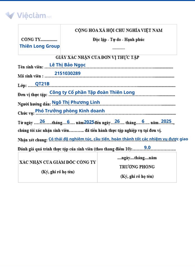 Mẫu giấy xác nhận thực tập số 5