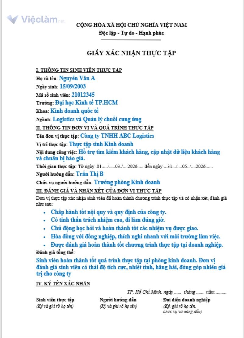Mẫu giấy xác nhận thực tập