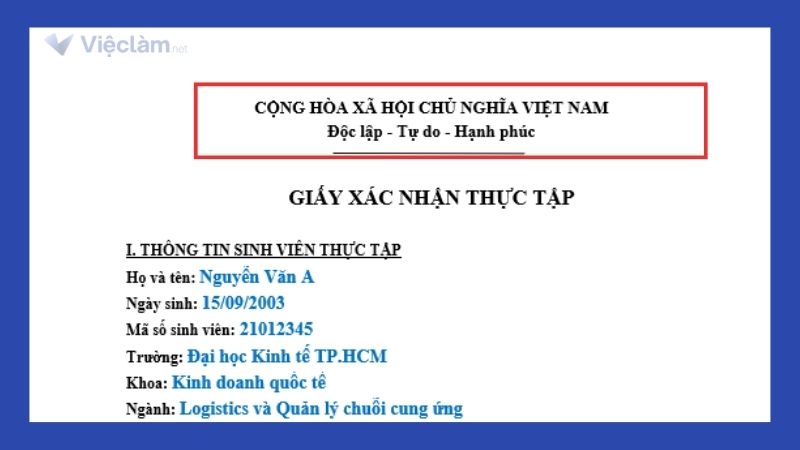 Phần Quốc hiệu và Tiêu ngữ của giấy xác nhận thực tập