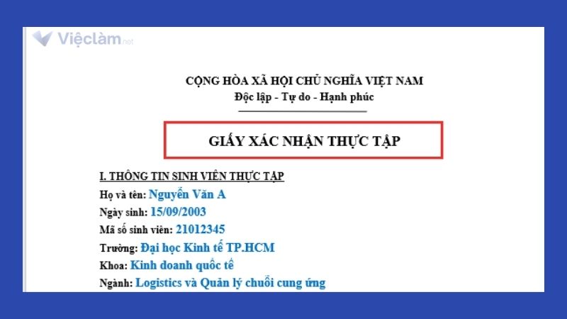 Tiêu đề của giấy xác nhận thực tập