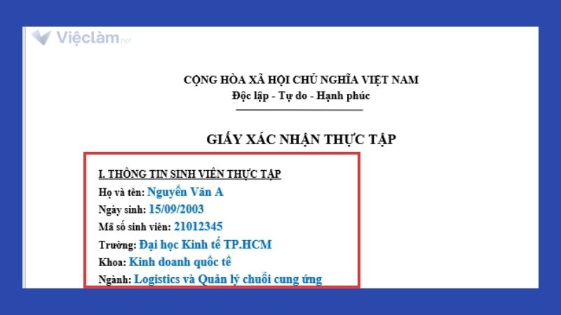 Thông tin người thực tập trong giấy xác nhận thực tập
