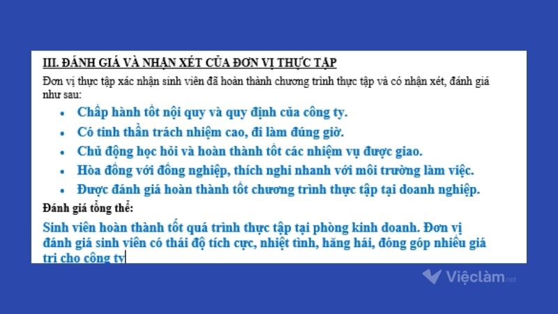 Đánh giá và nhận xét của đơn vị thực tập