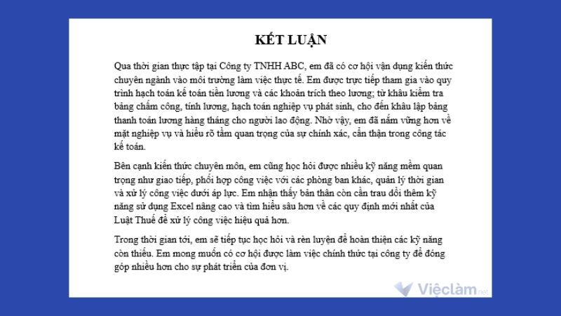 Mẫu kết luận trong bài báo cáo thực tập