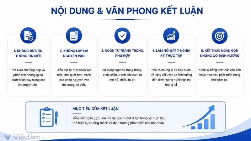 Nội dung và văn phong của kết luận trong báo cáo thực tập