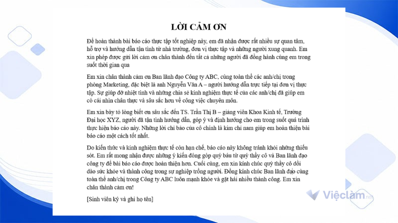 Lời cảm ơn trong báo cáo thực tập

