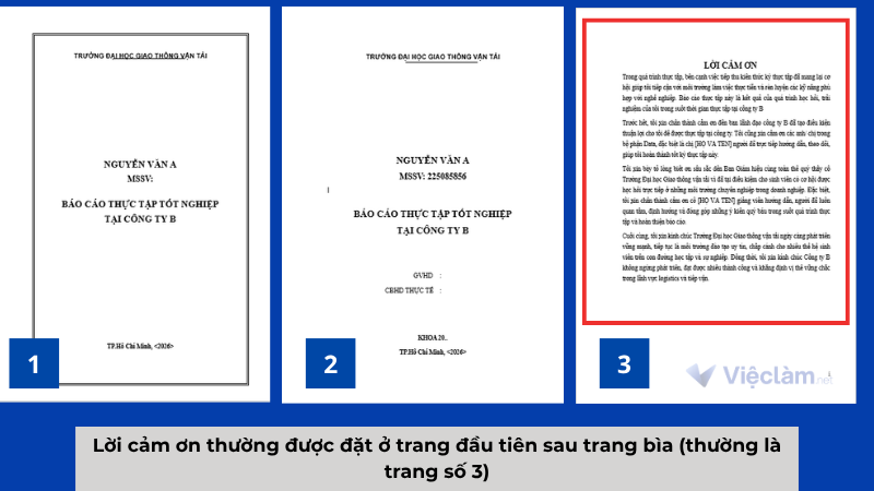 Vị trí của lời cảm ơn trong báo cáo thực tập