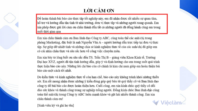 Mẫu đoạn dẫn vào lời cảm ơn trong báo cáo thực tập
