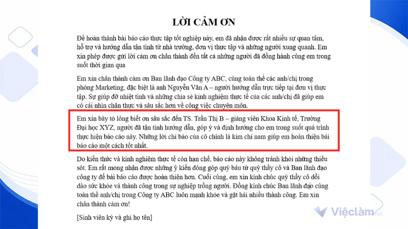 Mẫu đoạn cảm ơn nhà trường và thầy cô trong báo cáo thực tập
