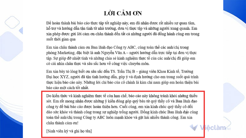 Mẫu đoạn kết thúc lời cảm ơn trong báo cáo thực tập